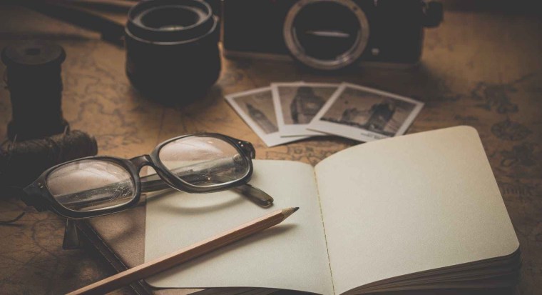 antique blank book, camera and glasses